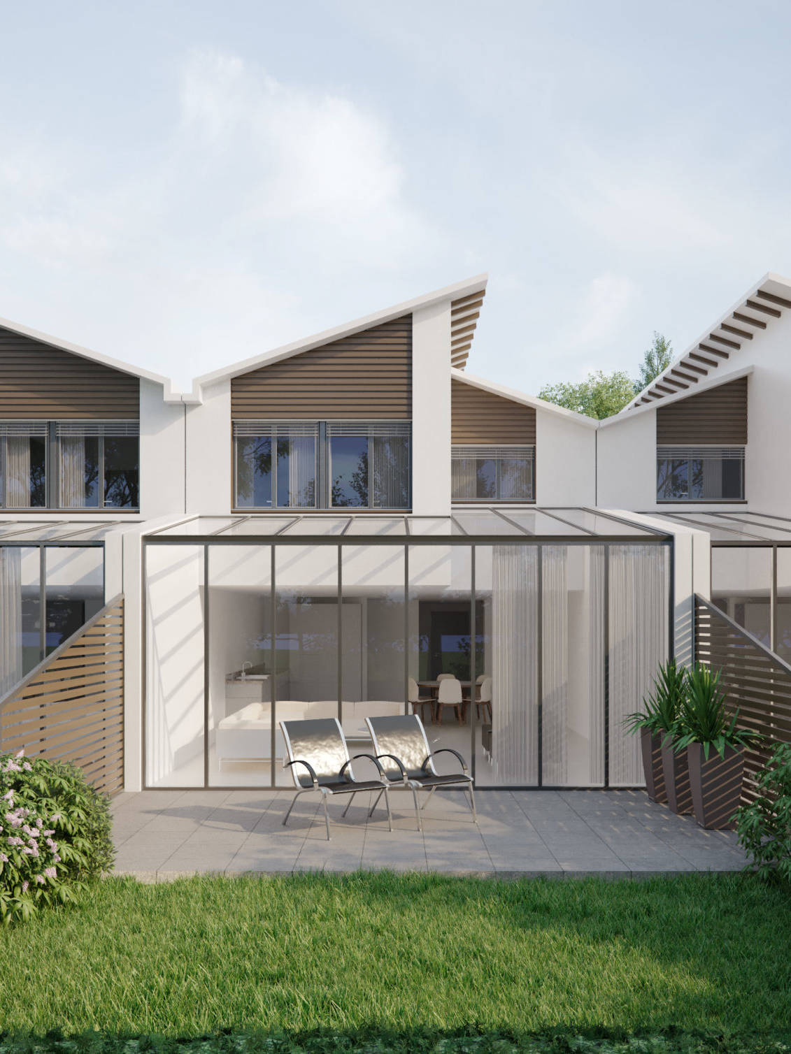 Construction de 4 villas contiguës avec vérandas, couverts à voitures et sondes géothermiques à Bardonnnex.